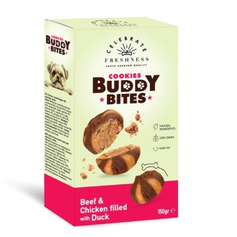 CELEBRATE COOKIES BUDDY BITES BEEF CHICKEN FILLED WITH DUCK 150gr