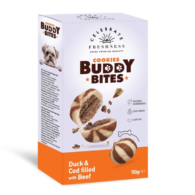 CELEBRATE COOKIES BUDDY BITES DUCK AND COD FILLED WITH BEEF 150gr