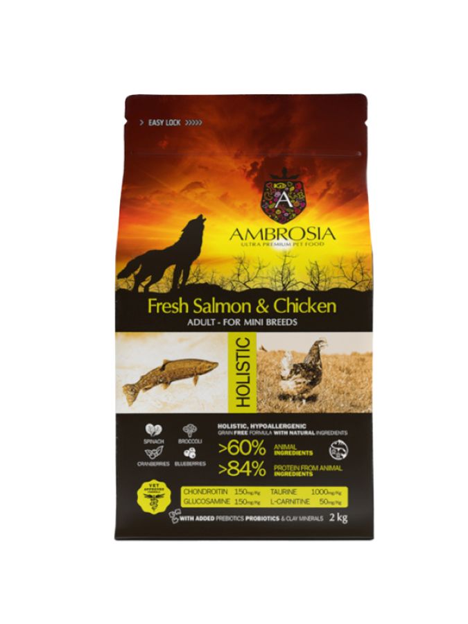 Ambrosia Grain Free Adult Dog Mini Breeds Chicken And Salmon 2Kg