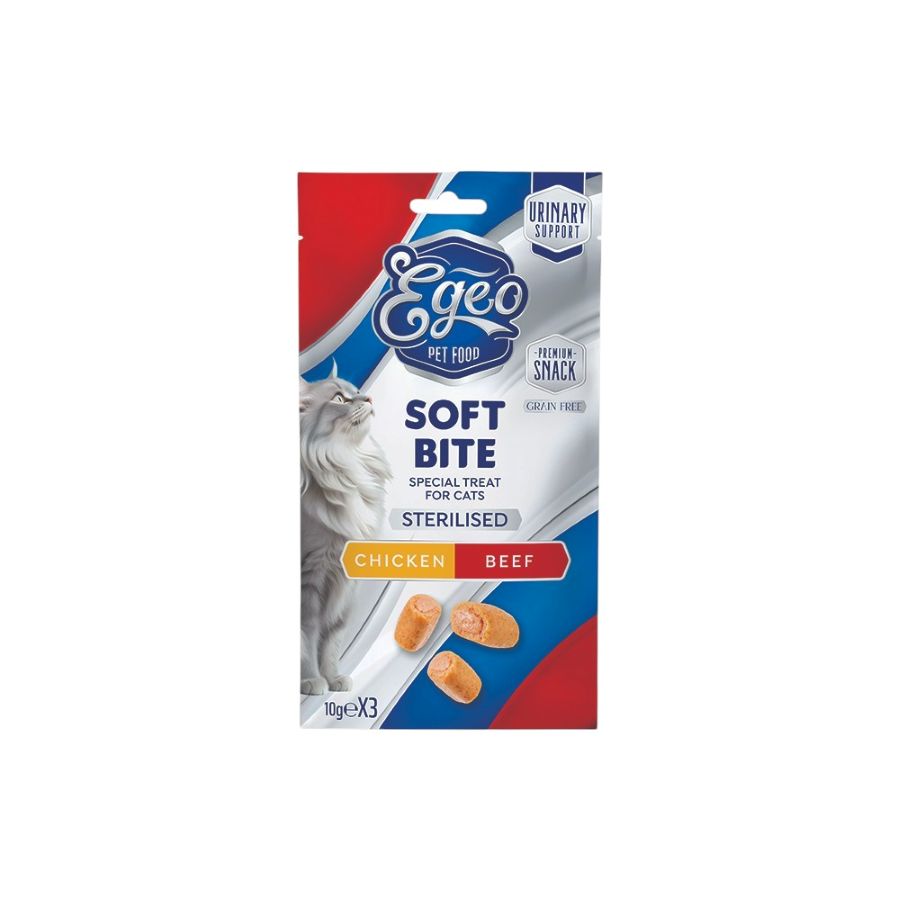 Egeo Sterilised Adult Cat Soft Bites Κοτοπουλο Και Βοδινο 3X10Gr
