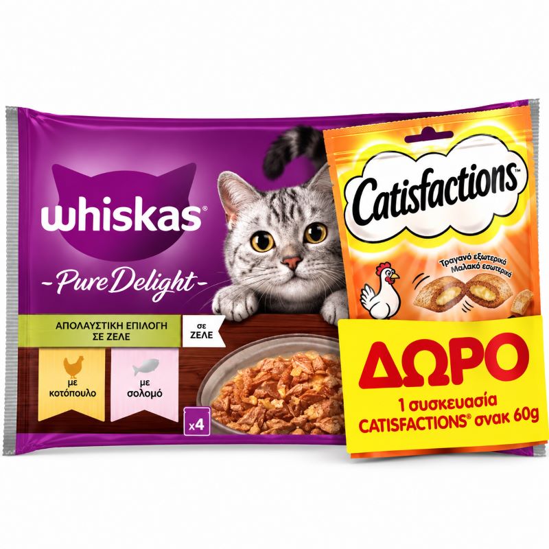 Whiskas Adult Cat Wet Food Pouch Κοτοπουλο Και Σολομος Σε Ζελε 4X85Gr Και Δωρο Catisfaction Κοτοπουλο 60Gr