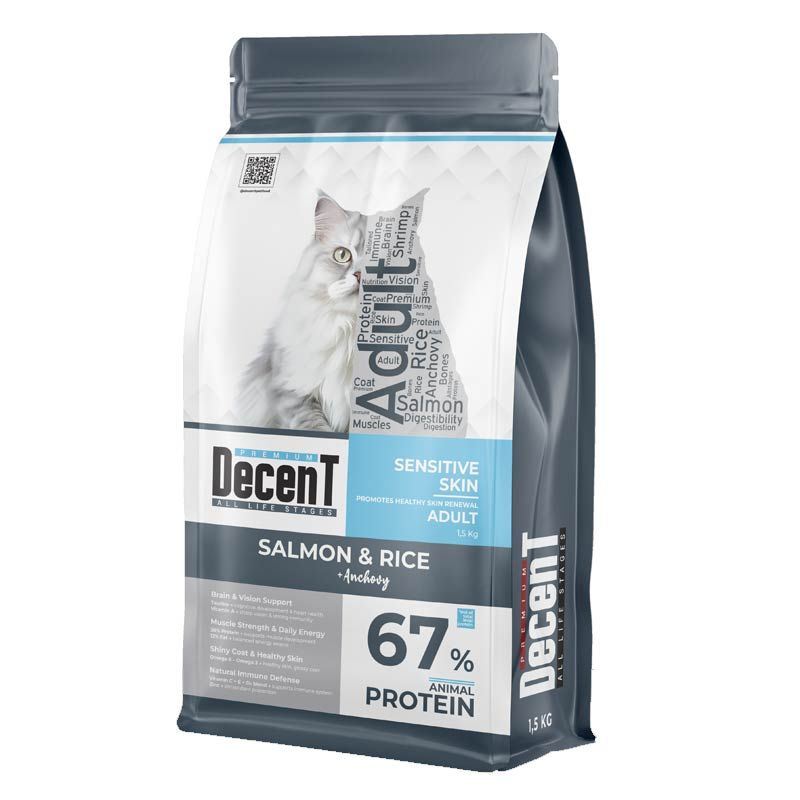 Decent Sensitive Skin Adult Cat Premium Σολομος Kαι Ρυζι 1.5Kg Και Δωρο Snack On The Go Παπια 25Gr