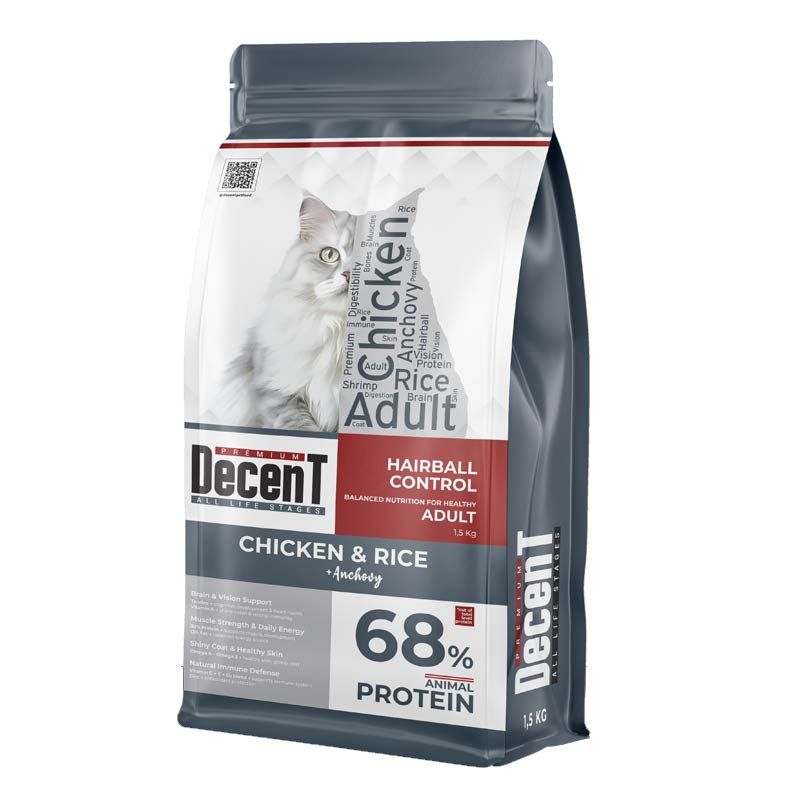 Decent Hairball Control Adult Cat Premium Κοτοπουλο Kαι Ρυζι 1.5Kg Και Δωρο Snack On The Go Παπια 25Gr