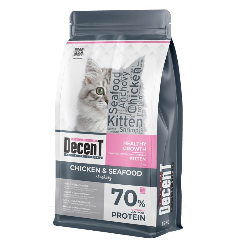 Decent Kitten Cat Premium Κοτοπουλο Kαι Θαλασσινα 1.5Kg Και Δωρο Snack On The Go Παπια 25Gr
