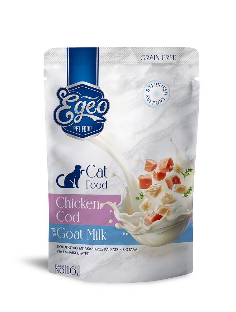 Egeo Adult Cat Grain Free Sterilised Support Wet Food Κοτοπουλο Μπακαλιαρος Και Κατσικισιο Γαλα 85Gr