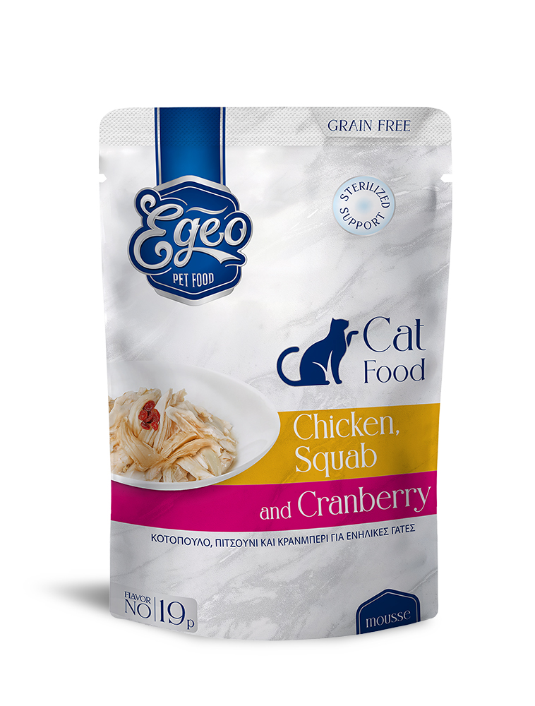 Egeo Adult Cat Grain Free Sterilised Support Wet Food Κοτοπουλο Πιτσουνι Και Κρανμπερι Σε Μους 85Gr