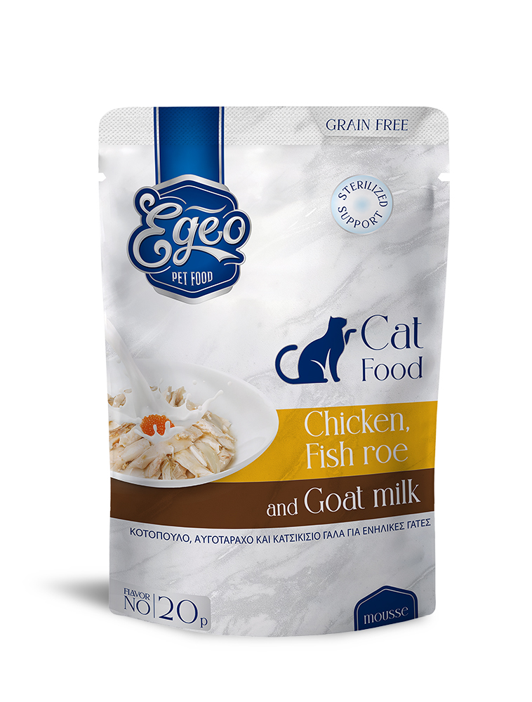 Egeo Adult Cat Grain Free Sterilised Support Wet Food Κοτοπουλο Αυγοταραχο Και Κατσικισιο Γαλα Σε Μους 85Gr