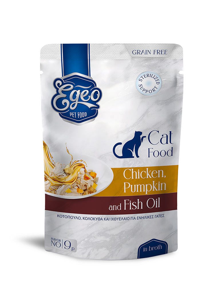 Egeo Adult Cat Grain Free Sterilised Support Wet Food Κοτοπουλο Κολοκυθα Και Ιχθυελαιο Σε Ζωμο 85Gr