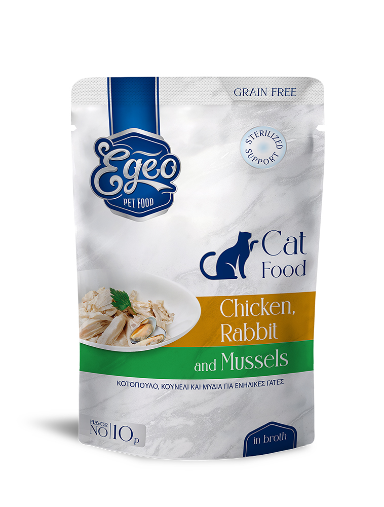 Egeo Adult Cat Grain Free Sterilised Support Wet Food Κοτοπουλο Κουνελι Και Μυδια Σε Ζωμο 85Gr