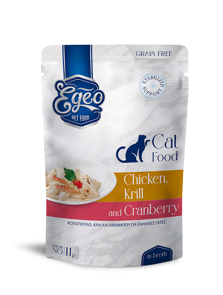 Egeo Adult Cat Grain Free Sterilised Support Wet Food Κοτοπουλο Κριλ Και Κρανμπερι Σε Ζωμο 85Gr