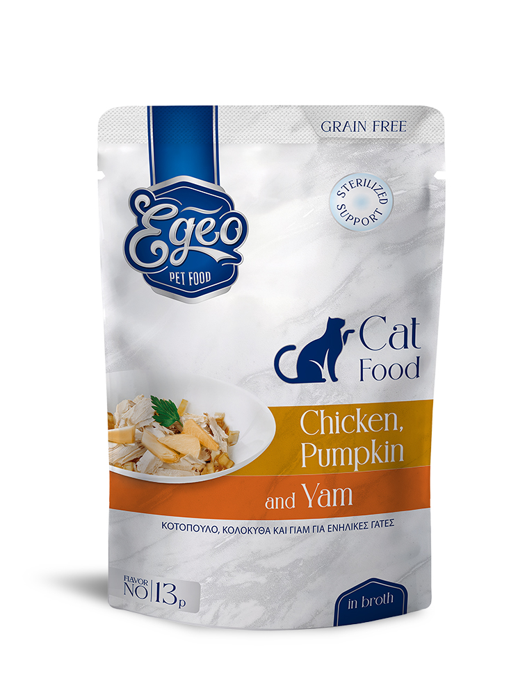 Egeo Adult Cat Grain Free Sterilised Support Wet Food Κοτοπουλο Κολοκυθα Και Γιαμ Σε Ζωμο 85Gr