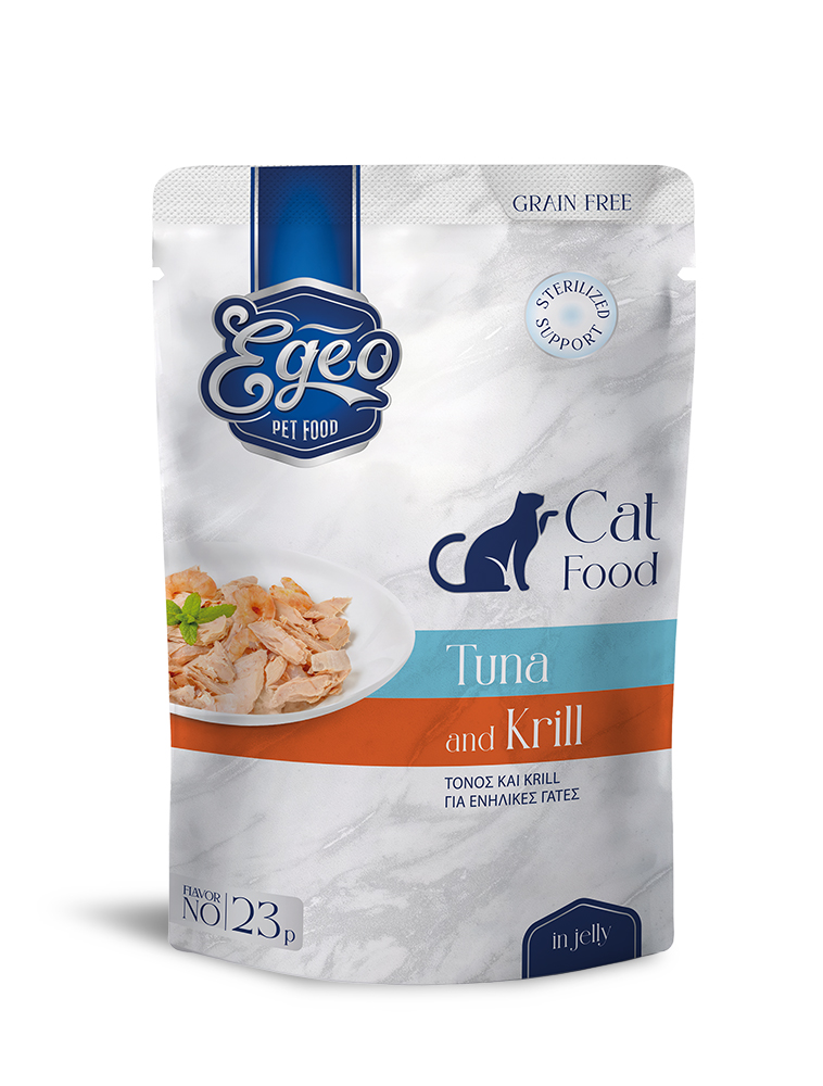 Egeo Adult Cat Grain Free Sterilised Support Wet Food Τονος Και Κριλ Σε Ζελε 85Gr