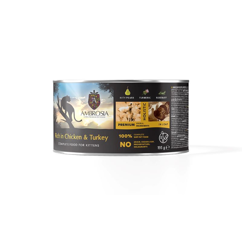 Ambrosia Holistic Kitten Cat Wet Food Με Κοτοπουλο Γαλοπουλα Και Αχλαδι 195Gr